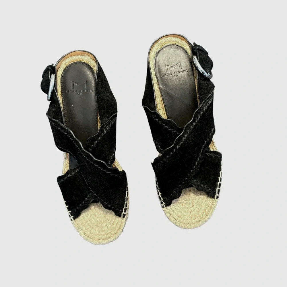 Marc Fisher Mlaria Black Suede Tan  Espadrille Wedge Platform Sandals